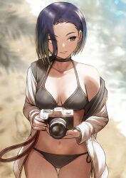 Rule 34 | 1girl, beach, bikini, black choker, blue hair, blurry, blurry background, bob cut, breasts, brown eyes, camera, choker, collarbone, commentary request, creatures (company), day, eyes visible through hair, fagi (kakikaki), film grain, fingernails, footprints, game freak, gradient hair, green hair, grey bikini, halterneck, highres, holding, holding camera, jacket, long sleeves, looking to the side, loose hair strand, medium breasts, multicolored hair, navel, nintendo, ocean, off shoulder, open clothes, open jacket, outdoors, parted lips, perrin (pokemon), pokemon, pokemon sv, sand, shore, short hair, side-tie bikini bottom, single bare shoulder, smile, solo, swimsuit, teeth, thigh gap, water, white jacket, wide hips
