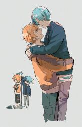 Rule 34 | 2boys, aoyagi touya, arita (kaibatu 0m ), barefoot, blonde hair, blue hair, carrying, carrying person, closed eyes, commentary request, crossed arms, dark blue hair, facing another, full body, grey background, grey pants, highres, hood, hood down, jacket, long sleeves, looking at another, male focus, measuring, mole, mole under eye, multicolored hair, multiple boys, open clothes, open jacket, open mouth, orange eyes, orange hair, pants, project sekai, shinonome akito, short hair, simple background, split-color hair, streaked hair, turtleneck, two-tone hair, yaoi