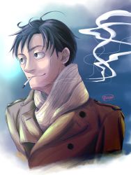 Rule 34 | 1boy, artist name, bad id, bad pixiv id, beige scarf, blue eyes, brown coat, cigarette, closed mouth, coat, light smile, looking away, looking to the side, male focus, mouth hold, rossa (grandemilan), sangatsu no lion, scarf, shimada kai, short hair, smoke, smoking, solo, upper body