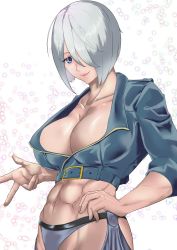 Rule 34 | 1girl, abs, absurdres, angel (kof), black jacket, blue eyes, breasts, chaps, cleavage, closed mouth, collarbone, commentary, cropped jacket, hair over one eye, highres, jacket, kureshi (hannzi), large breasts, leather, leather jacket, lips, looking at viewer, midriff, navel, short hair, smile, solo, the king of fighters, toned, underwear, white background, white hair