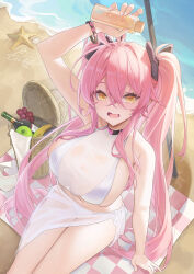 Rule 34 | 1girl, :d, ahoge, apple, banana, bare arms, bare shoulders, beach, blush, bottle, breasts, catsmoon, commentary, english commentary, food, from above, fruit, grapes, hair ornament, highres, holding, large breasts, long hair, navel, open mouth, original, outdoors, pink hair, sideboob, sitting, smile, solo, starfish, thighs, twintails, water, yellow eyes
