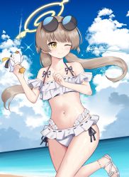 Rule 34 | 1girl, ;), beach, bikini, blue archive, blue sky, blurry, brown hair, cloud, cloudy sky, commentary request, depth of field, eyewear on head, frilled bikini, frills, halo, hifumi (blue archive), hifumi (swimsuit) (blue archive), highres, holding, holding water gun, horizon, ine (ineinnen), long hair, looking at viewer, low twintails, navel, ocean, official alternate costume, one eye closed, peroro (blue archive), side-tie bikini bottom, sidelocks, sky, smile, solo, spaghetti strap, standing, standing on one leg, stomach, sunglasses, swimsuit, twintails, water gun, wet, wet clothes, wet swimsuit, yellow eyes