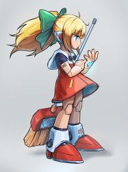 Rule 34 | blonde hair, blue eyes, bow, broom, dress, full body, grey background, hair bow, highres, hoshi mikan, joints, mega man (classic), mega man (series), number tattoo, ponytail, red dress, red footwear, robot, robot joints, roll (mega man), short sleeves, solo, tattoo