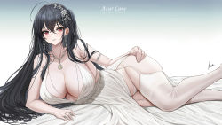 Rule 34 | 1girl, ahoge, armlet, azur lane, bed sheet, black hair, blush, breasts, cleavage, commentary, copyright name, dress, earrings, english commentary, feet out of frame, garter straps, groin, hair between eyes, hair ornament, hand on own hip, highres, jewelry, large breasts, long hair, looking at viewer, lying, necklace, official alternate costume, on side, panties, parted lips, piukute062, plunging neckline, red eyes, ring, side ponytail, signature, skindentation, solo, straight hair, taihou (azur lane), taihou (temptation on the sea breeze) (azur lane), thighhighs, thighs, underwear, very long hair, wedding band, wedding dress, white dress, white panties, white thighhighs