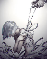 Rule 34 | 1girl, bandages, commentary, gradient background, highres, male hand, monochrome, nude, original, ribbon, short hair, silver hair, solo focus, surreal, yuumei