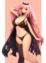 Rule 34 | 1girl, black bra, black cape, black cloak, black panties, blush, bra, breasts, cape, cleavage, cloak, closed mouth, feet out of frame, groin, hand in own hair, highres, hololive, hololive english, lace, lace-trimmed bra, lace-trimmed panties, lace trim, large breasts, long hair, mori calliope, navel, notte, panties, pink background, pink hair, red eyes, single thighhigh, solo, straight hair, thighhighs, tiara, torn cape, torn cloak, torn clothes, underwear, underwear only, veil, very long hair, virtual youtuber, white background