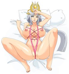 Rule 34 | 1girl, arshtat falenas, bed, breasts, crown, devil-v, gensou suikoden, gensou suikoden v, highres, large breasts, legs, lingerie, long hair, long legs, looking at viewer, naughty face, nipples, pillow, silver hair, slingshot swimsuit, solo, spread legs, swimsuit, thighs, underwear, very long hair