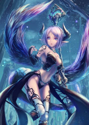 Rule 34 | 1girl, blue eyes, breasts, cleavage, collarbone, commentary request, demon girl, demon horns, demon tail, highres, holding, horns, looking at viewer, navel, original, pointy ears, short hair, silver hair, solo, staff, tail, tenmaso