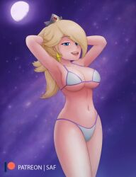 Rule 34 | 1girl, armpits, arms up, beach, bikini, blonde hair, blue bikini, blue eyes, breasts, cleavage, crown, earrings, female focus, hair over one eye, jewelry, large breasts, long hair, looking at viewer, mario (series), moon, moonlight, narrow waist, night, nintendo, princess, purple background, rosalina, saf-404, smile, solo, space, standing, star (symbol), star earrings, super mario galaxy, swimsuit, thick thighs, thighs, thong, thong bikini, underboob, video game character, wide hips