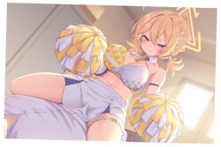 Rule 34 | 1boy, 1girl, blonde hair, blue archive, blush, breasts, cleavage, closed mouth, clothes writing, collarbone, girl on top, halo, highres, holding, holding pom poms, kotori (blue archive), kotori (cheer squad) (blue archive), large breasts, long hair, millennium cheerleader outfit (blue archive), navel, official alternate costume, pom pom (cheerleading), pom poms, red eyes, sasakura momiji, short twintails, skirt, thigh strap, twintails, white skirt, yellow halo