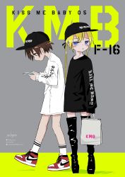 Rule 34 | 2girls, absurdres, bad id, bad twitter id, baseball cap, black footwear, black headwear, black sweater, blonde hair, boots, brown eyes, brown hair, closed mouth, clothes writing, copyright name, gishiki (gshk), goshiki agiri, grey background, hat, hat writing, highres, holding, kill me baby, long sleeves, looking at viewer, multiple girls, purple eyes, red footwear, shoes, signature, sleeves past wrists, socks, sonya (kill me baby), standing, sweater, thigh boots, thighhighs, twintails, white legwear, white sweater, zettai ryouiki