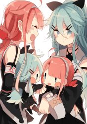Rule 34 | &gt;:d, 10s, 2girls, :d, absurdres, ahoge, blue eyes, blush, blush stickers, bow, braid, character doll, commentary, closed eyes, green hair, hair between eyes, hair bow, hair ornament, hairband, hairclip, highres, kantai collection, kawakaze (kancolle), kousaka karasu, long hair, long sleeves, multiple girls, open mouth, red hair, remodel (kantai collection), sailor collar, smile, v-shaped eyebrows, white background, yamakaze (kancolle)