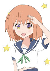 Rule 34 | 1girl, absurdres, arm up, artist request, dot nose, highres, koisuru asteroid, konohata mira, multicolored eyes, navel, one side up, open mouth, orange hair, ribbon, salute, school uniform, serafuku, short hair, simple background, solo, source request, star (symbol), white background