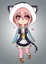 Rule 34 | 1girl, animal hood, bad id, bad pixiv id, blush, breasts, cat hood, cat tail, chibi, headphones, hood, large breasts, long hair, looking at viewer, milkyvenus, nitroplus, pink hair, pom pom (clothes), red eyes, smile, solo, super sonico, tail, thighhighs
