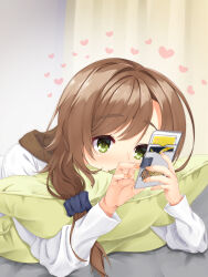 Rule 34 | 1girl, absurdres, black scrunchie, blush, cellphone, close-up, commentary request, commission, eyelashes, fingernails, green eyes, hair ornament, hair scrunchie, hands up, heart, highres, holding, holding phone, hugging object, indoors, long hair, long sleeves, looking at phone, lovestruck, mikuni sairi, nose blush, pajamas, phone, pillow, pillow hug, ponytail, reiji tsukimi, scrunchie, smartphone, smile, solo, swept bangs, tenshi souzou re-boot!, thick eyebrows, white pajamas