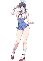 Rule 34 | 1girl, bare shoulders, black hair, blue eyes, blue sailor collar, blue skirt, blush, braid, breasts, buttons, covered erect nipples, double-breasted, fate/grand order, fate (series), full body, hat, high heels, highres, kneehighs, large breasts, looking at viewer, low twin braids, medium hair, multicolored hair, muta poo, one-piece swimsuit, open mouth, pink hair, sailor collar, sailor hat, sidelocks, skirt, smile, socks, solo, standing, streaked hair, swimsuit, twin braids, utsumi erice, utsumi erice (swimsuit avenger), utsumi erice (swimsuit avenger) (second ascension), white hat, white one-piece swimsuit
