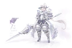 Rule 34 | 1girl, absurdres, agoto, armor, armored coat, blue eyes, blush, breasts, cleavage, closed mouth, coat, greaves, hair between eyes, hand on own hip, helmet, high heels, highres, holding, holding polearm, holding spear, holding weapon, knight, leotard, long hair, original, pauldrons, polearm, ponytail, shoulder armor, solo, spear, standing, vambraces, very long hair, weapon, white coat, white hair, white leotard, white theme