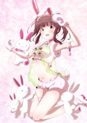 Rule 34 | 10s, 1girl, animal, animal ears, breasts, brown eyes, brown hair, fake animal ears, gradient background, idolmaster, idolmaster cinderella girls, jpeg artifacts, mittens, navel, numahito, ogata chieri, open mouth, rabbit, rabbit ears, rabbit tail, short hair, small breasts, smile, solo, tail, twintails