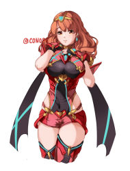Rule 34 | 1girl, blush, breasts, celica (fire emblem), conope, cosplay, covered navel, cowboy shot, crossover, earrings, female focus, fingerless gloves, fire emblem, fire emblem echoes: shadows of valentia, gloves, headpiece, jewelry, large breasts, long hair, matching hair/eyes, nintendo, orange eyes, orange hair, pyra (xenoblade), pyra (xenoblade) (cosplay), short shorts, shorts, simple background, smile, solo, thighhighs, tiara, white background, xenoblade chronicles (series), xenoblade chronicles 2