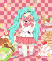 Rule 34 | 1girl, :d, aqua eyes, aqua hair, cake, candy, checkerboard cookie, checkered background, cherry, chocolate, cookie, food, fruit, hatsune miku, keru, kneeling, lol -lots of laugh- (vocaloid), long hair, lots of laugh, macaron, open mouth, pastry, scrunchie, skirt, smile, socks, solo, strawberry, stuffed animal, stuffed rabbit, stuffed toy, twintails, vocaloid