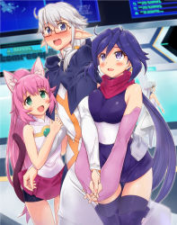 Rule 34 | 10s, 1boy, 3girls, :d, animal ears, ayame (gundam build divers), bare shoulders, bike shorts, blush, bonza, boots, breast press, breasts, capelet, cat ears, cat tail, dress, elbow gloves, elf, glasses, gloves, green eyes, gundam, gundam build divers, hair between eyes, hair over shoulder, highres, holding hands, holographic interface, holographic monitor, japanese clothes, ko-1 (gundam build divers), locked arms, long hair, long sleeves, medium breasts, momo (gundam build divers), multiple girls, open mouth, pantyhose, pink hair, pink skirt, pointy ears, ponytail, purple eyes, purple hair, purple legwear, red-framed eyewear, red scarf, sara (gundam build divers), scarf, semi-rimless eyewear, shiny clothes, shorts, shorts under skirt, silver hair, skirt, smile, sweatdrop, tail, thigh boots, thighhighs, thighhighs under boots, twintails, under-rim eyewear, very long hair, white dress