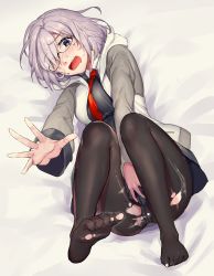 Rule 34 | 1girl, absurdres, black dress, black pantyhose, blush, breasts, covering crotch, covering privates, dress, fate/grand order, fate (series), feet, glasses, hair over one eye, highres, jacket, light purple hair, looking at viewer, mash kyrielight, mogullaz, necktie, panties, panties under pantyhose, pantyhose, purple eyes, purple hair, short hair, solo, toe scrunch, toes, torn clothes, torn pantyhose, underwear, wavy mouth