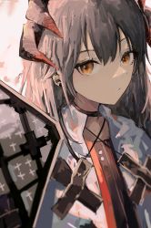 Rule 34 | 1girl, arknights, black coat, close-up, coat, dragon horns, earclip, grey hair, hair between eyes, highres, holding, holding shield, horns, lch, long hair, looking at viewer, multicolored coat, saria (arknights), shield, simple background, two-tone coat, upper body, white background, white coat, yellow eyes