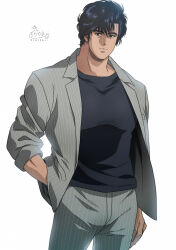 Rule 34 | 1boy, absurdres, black eyes, black hair, black shirt, city hunter, closed mouth, collarbone, grey jacket, grey pants, hand in pocket, highres, jacket, large pectorals, looking at viewer, male focus, pants, pectorals, saeba ryou, shirt, short hair, signature, simple background, solo, striped clothes, striped jacket, striped pants, twitter username, vertical-striped clothes, vertical-striped jacket, vertical-striped pants, white background, yuu (masarunomori)