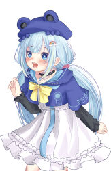 Rule 34 | 1girl, absurdres, amami ami, blue eyes, blue hair, blush, blush stickers, commission, dress, hair ornament, hat, highres, jacket, knee up, long hair, looking at viewer, open mouth, prism project, simple background, smile, teeth, virtual youtuber, white background