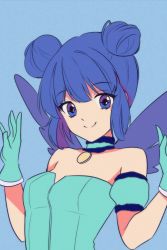 Rule 34 | 1girl, absurdres, aizawa mint, aqua dress, aqua gloves, arm garter, bare shoulders, blue background, blue eyes, blue hair, blue theme, blue wings, breasts, choker, closed mouth, double bun, dress, flat color, gloves, hair bun, highres, looking at viewer, magical girl, mew mint, off shoulder, short hair, simple background, small breasts, smile, solo, tokyo mew mew, upper body, wings, yaya chan
