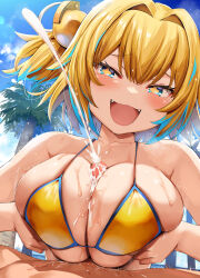Rule 34 | 1boy, 1girl, 2024, artist name, bare shoulders, beach, belko, bikini, blonde hair, blue eyes, blue sky, blush, bombergirl, breasts, breasts squeezed together, censored, cleavage, clothed female nude male, collarbone, criss-cross halter, cum, cum on body, cum on breasts, cum on penis, cum on upper body, dated, day, english text, fangs, grabbing own breast, grenade hair ornament, halterneck, hetero, highres, huge breasts, looking at viewer, mosaic censoring, nude, ocean, open mouth, outdoors, paizuri, paizuri under clothes, palm tree, penis, pine (bombergirl), pov, pov crotch, short hair, sky, smile, solo focus, sunlight, sweat, swimsuit, symbol-shaped pupils, tongue, tree, twitter username, yellow bikini