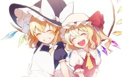 Rule 34 | 2girls, ^ ^, apron, ascot, bad id, bad twitter id, black dress, blonde hair, blush, bow, braid, closed eyes, commentary request, crystal, dress, flandre scarlet, flat chest, frilled hat, frilled shirt collar, frills, happy, hat, hat bow, hat ribbon, head tilt, jill 07km, kirisame marisa, medium hair, mob cap, multiple girls, one side up, open mouth, puffy short sleeves, puffy sleeves, ribbon, short hair, short sleeves, simple background, single braid, smile, teeth, touhou, upper body, upper teeth only, white background, white bow, wings, witch hat, yellow ascot