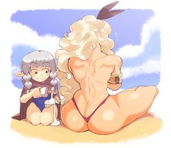 Rule 34 | 2girls, amazon (dragon&#039;s crown), amazon warrior, applying sunscreen, armlet, ass, back, beach, blonde hair, blush, butt crack, clothed female nude female, cloud, cloudy sky, dragon&#039;s crown, elf (dragon&#039;s crown), female focus, female pervert, grey hair, happy, highres, kneeling, long hair, lotion, multiple girls, muscular, muscular female, nude, on ground, one-piece swimsuit, outdoors, pervert, pointy ears, shiny skin, sitting, size difference, sky, slingshot swimsuit, smile, sunscreen, swimsuit, thong, topless, very long hair, yuri