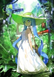 Rule 34 | 1girl, :&lt;, blue eyes, blue hair, breasts, dress, gua, hand on headwear, hat, hatsune miku, long hair, looking back, matching hair/eyes, overgrown, parted lips, post-apocalypse, ruins, see-through, sideboob, small breasts, solo, straw hat, sun hat, sundress, twintails, very long hair, vocaloid, wading, wet, wet clothes, wet dress, white dress