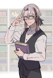 Rule 34 | 1boy, adjusting eyewear, alternate costume, bespectacled, black-framed eyewear, black pants, black vest, book, bookshelf, collared shirt, cowboy shot, fate/grand order, fate (series), glasses, grey hair, hair between eyes, holding, holding book, long sleeves, looking at viewer, low ponytail, male focus, multicolored hair, odysseus (fate), pants, red hair, shirt, short ponytail, smile, solo, sparkle, streaked hair, tia (cocorosso), vest, white background, white shirt, yellow eyes