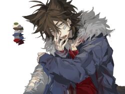 Rule 34 | 1boy, animal ears, blood, blood on clothes, blood on face, blue jacket, brown hair, chinese commentary, chuhaokuangbaozhanji, collar, color guide, commentary request, denim, fangs, fur-trimmed jacket, fur trim, green eyes, isoi reiji, jacket, jeans, kemonomimi mode, male focus, open clothes, open jacket, open mouth, pants, red shirt, saibou shinkyoku, sanpaku, shirt, simple background, solo, spiked collar, spikes, torn clothes, torn jeans, torn pants, white background, wolf ears