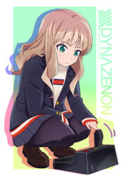 Rule 34 | 1girl, black jacket, black pantyhose, commentary, controller, full body, green eyes, gridman universe, highres, jacket, leizero, light brown hair, loafers, minami yume, miniskirt, pantyhose, pleated skirt, shoes, sidelocks, skirt, sleeves past wrists, solo, squatting, ssss.dynazenon
