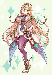 Rule 34 | 1girl, armor, black pantyhose, blonde hair, covered navel, earrings, full body, gem, gloves, headpiece, highres, jewelry, long hair, looking at viewer, mythra (massive melee) (xenoblade), mythra (xenoblade), nintendo, pantyhose, solo, super smash bros., swept bangs, thigh strap, tiara, xenoblade chronicles (series), xenoblade chronicles 2, yellow eyes, zin