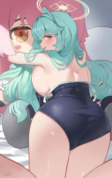 1girl ahoge aqua_hair backboob bare_legs blue_archive blue_one-piece_swimsuit blush breasts clothes_pull commentary feet_out_of_frame fumo_(doll) halo highres hoshino_(blue_archive) huge_breasts hugging_doll hugging_object kneeling korean_commentary looking_at_viewer median_furrow one-piece_swimsuit one-piece_swimsuit_pull oversized_object profile school_swimsuit solo swimsuit tomid yume_(blue_archive)