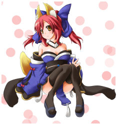 Rule 34 | 10s, 1girl, animal ears, bare shoulders, black thighhighs, bow, breasts, cleavage, clog sandals, detached sleeves, fate/extra, fate (series), fox ears, fox tail, hair bow, hair ribbon, japanese clothes, nanahoshi pal, red hair, ribbon, sitting, smile, solo, tail, tamamo no mae (fate/extra), thighhighs, twintails, yellow eyes