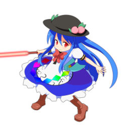 Rule 34 | &gt;:), 1girl, aged down, apron, bad anatomy, black hat, blue dress, blue hair, bow, bowtie, brown footwear, cato (monocatienus), dress, flaming sword, flaming weapon, food, fruit, hat, hinanawi tenshi, holding, long hair, peach, puffy short sleeves, puffy sleeves, rainbow order, red bow, red eyes, shirt, shoes, short sleeves, simple background, solo, sword, sword of hisou, touhou, v-shaped eyebrows, very long hair, weapon, white background, white shirt