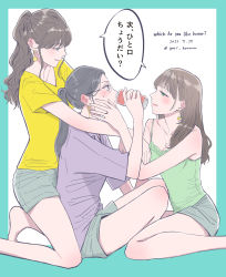 Rule 34 | 3girls, absurdres, blue eyes, blush, closed mouth, commentary request, dated, ear blush, foot out of frame, glasses, green eyes, highres, kneeling, long hair, mixed-language text, multiple girls, original, parted lips, ponytail, purple eyes, purple shirt, shared speech bubble, shirt, sitting, speech bubble, sweatdrop, translated, twitter username, yellow shirt, yuri, yuri kyanon