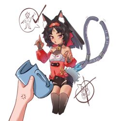 1girl 1other absurdres anger_vein animal_ears bare_shoulders bell billy_kid black_bridal_gauntlets black_hair black_shorts black_thighhighs breasts bridal_gauntlets broken_cup brown_eyes cat_ears cat_girl cat_tail checkmark chinese_commentary cleavage commentary_request cropped_legs crossed_out cup dark-skinned_female dark_skin detached_sleeves fang hands_up highres holding holding_cup index_finger_raised long_hair long_sleeves looking_at_viewer multiple_tails neck_bell nekomiya_mana open_mouth ponytail pov pov_hands red_sleeves shorts simple_background solo_focus speech_bubble sweat tail thighhighs two_tails white_background zeguo2468 zenless_zone_zero