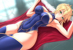 Rule 34 | 1girl, ahoge, armpits, artoria pendragon (fate), artoria pendragon (lancer) (fate), bare shoulders, blonde hair, blue leotard, blue thighhighs, blush, braid, braided bun, breasts, cape, cleavage, closed mouth, commentary request, covered navel, crown, fate/grand order, fate (series), fur trim, green eyes, hair bun, heattech leotard, highres, indoors, large breasts, leotard, looking at viewer, lying, nekoda (maoda), on back, smile, solo, thighhighs, turtleneck