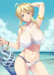 Rule 34 | 1girl, absurdres, ahoge, alternate costume, arm behind head, arm up, armband, artoria pendragon (fate), artoria pendragon (lancer) (fate), bikini, blue eyes, blue sky, braid, breasts, cowboy shot, day, fate/grand order, fate (series), french braid, gold, hair between eyes, highres, holding, holding polearm, holding weapon, huge breasts, looking at viewer, mukunokino isshiki, navel, outdoors, polearm, rhongomyniad (fate), sidelocks, sky, solo, swept bangs, swimsuit, weapon, wet, white bikini
