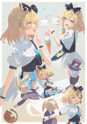 Rule 34 | &gt; &lt;, 1girl, 2boys, :d, @ @, ahoge, alice (alice in wonderland), alice in wonderland, apron, arm up, arms at sides, blonde hair, blue apron, blue bow, border, bow, card in hat, closed eyes, collared dress, commentary, cropped torso, cross-shaped pupils, crossed arms, dress, food, food on face, formal, furry, furry male, grey background, grey hair, hair bow, hat, highres, holding, holding food, holding ice cream, ice cream, ice cream cone, index finger raised, long sleeves, mad hatter (alice in wonderland), medium hair, multiple boys, multiple views, musical note, notice lines, open mouth, outside border, pointing, pointy nose, puffy short sleeves, puffy sleeves, puzzle piece print, rabbit boy, scissors, short sleeves, smile, spinning teacup, suit, symbol-shaped pupils, top hat, upper body, wakuseiy, white border, white dress, xd