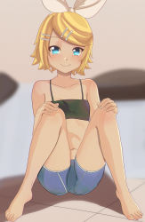 Rule 34 | 1girl, aruman, bad id, bad pixiv id, barefoot, black tank top, blonde hair, blue eyes, blue shorts, blurry, blurry background, bow, brown background, collarbone, commentary, crop top, full body, hair bow, hair ornament, hair ribbon, hairclip, highres, kagamine rin, knees to chest, looking at viewer, ribbon, short shorts, shorts, sitting, smile, solo, spread legs, swept bangs, tank top, toes, vocaloid, white ribbon