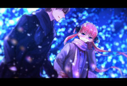 Rule 34 | 1boy, 1girl, bad id, bad pixiv id, black jacket, blue eyes, blue scarf, blurry, blurry foreground, blush, brown gloves, brown hair, coat, couple, dutch angle, eye contact, floating hair, frown, gintama, gloves, grey coat, holding hands, jacket, kagura (gintama), letterboxed, long hair, looking at another, okita sougo, pink scarf, red hair, scarf, standing, szzz k