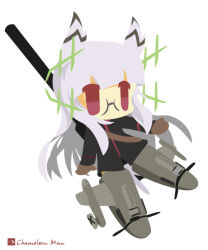 Rule 34 | 1girl, artist name, bad id, bad pixiv id, bird tail, bottomless, brown gloves, chameleon man (three), chibi, flat color, flying, glasses, gloves, head wings, heidimarie w. schnaufer, hirschgeweih antennas, long hair, military, military uniform, no lineart, red eyes, silver hair, simple background, solo, strike witches, striker unit, tail, uniform, white background, wings, world witches series