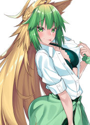 Rule 34 | 1girl, :p, ahoge, alternate costume, animal ear fluff, animal ears, atalanta (fate), blonde hair, blush, bra, breasts, cat ears, fate/grand order, fate (series), green bra, green eyes, green hair, highres, long hair, looking at viewer, multicolored hair, nail polish, scrunchie, self exposure, small breasts, solo, tongue, tongue out, unbuttoned, unbuttoned shirt, underwear, watosu (watosu mama), white background, wrist scrunchie